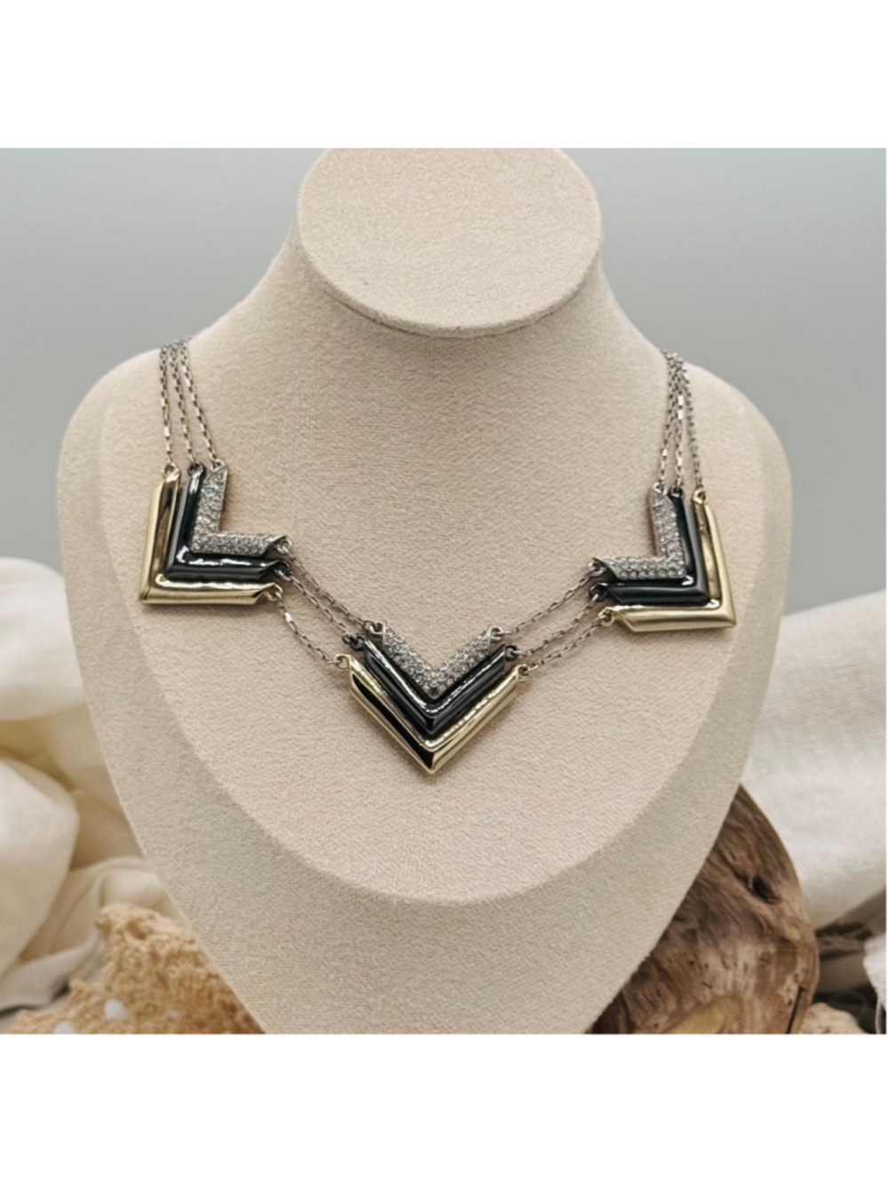 WHBM Chevron Rhinestone Statement Necklace | Black, Silver & Gold Tone